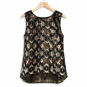 Meadow Rue Black and Brown Textured  Velvety Geometric Blouse (040)